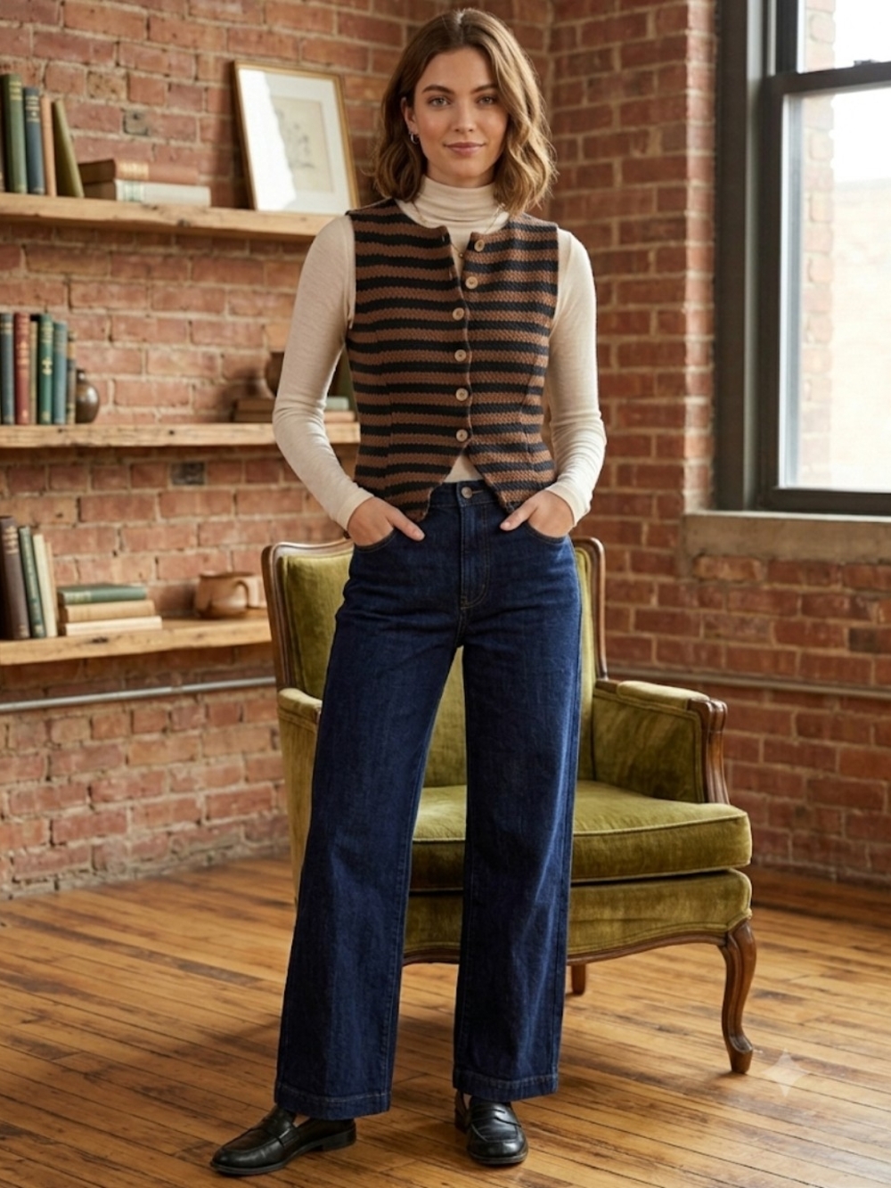 Maeve Anthropologie Striped Button-Front Knit Sweater Vest Top Brown Black XS
